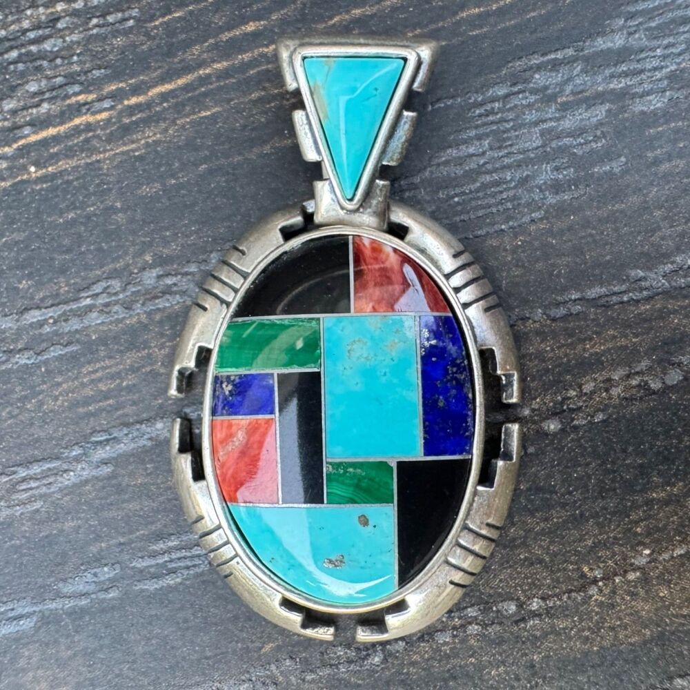 Carolyn Pollack Sterling Silver Inlaid Mosaic Pendant Turquoise Lapis Malachite